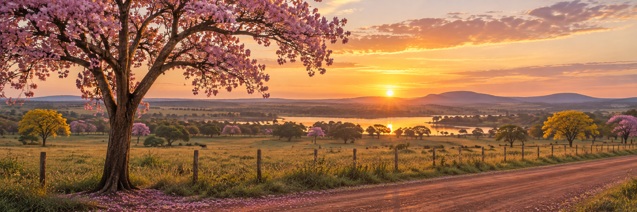 Paisaje de Paraguay entre lapachos al atardecer
